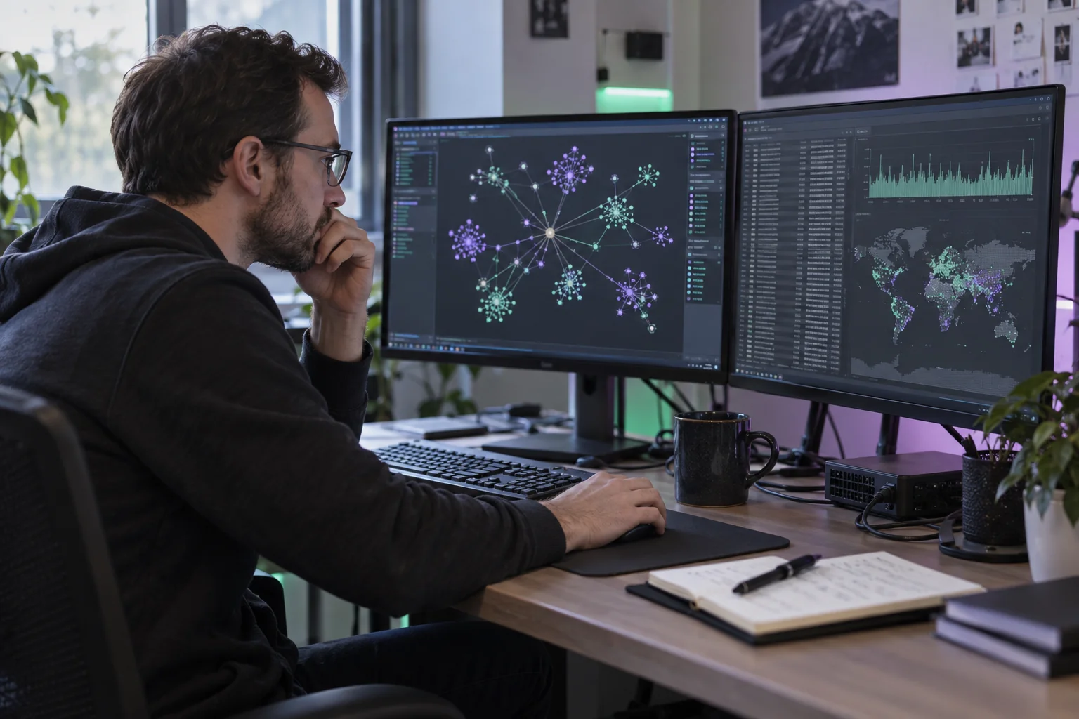 Researcher reviewing abstract blockchain connections on computer monitors