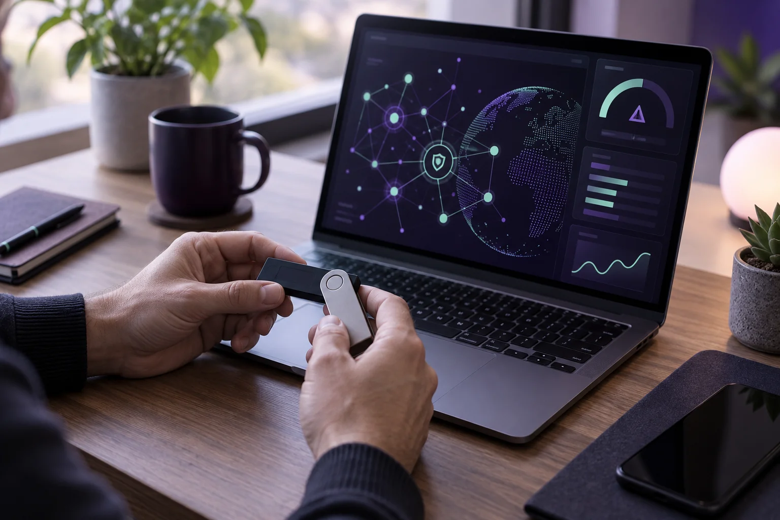 Person holding a hardware wallet beside a laptop with abstract security indicators